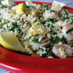 Roasted shrimp, corn, orzo, lemon, and parsley salad