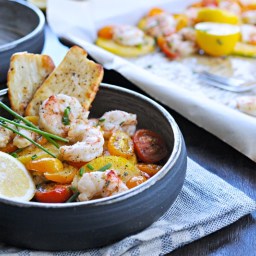 roasted shrimp + polenta with pancetta (or halloumi) crisps