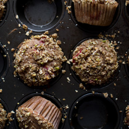 Roasted Strawberry Rhubarb Breakfast Muffins With Pistachio Crumb Topping
