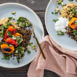 Roasted Sweet Peppers with French Lentils & Toasted Almond Salsa