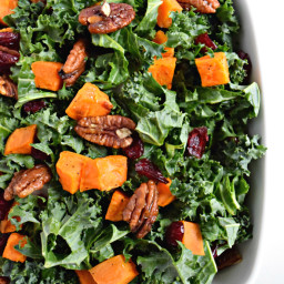 Roasted Sweet Potato & Kale Salad with Candied Pecans & Cranberries