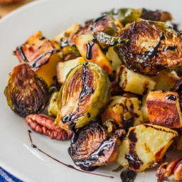 Roasted Sweet Potatoes and Brussels Sprouts with Pecans and Balsamic Reduct