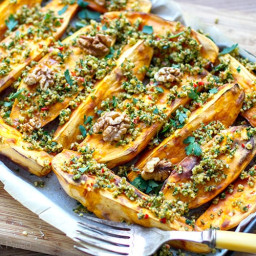 Roasted Sweet Potatoes With Walnut Parsley and Garlic