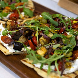 Roasted Vegetable and Herbed Goat Cheese Flatbread with Hot Honey Drizzle
