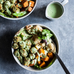 Roasted Vegetable and Kale Puff Nourish Bowls with Creamy Hemp Herb Dressin