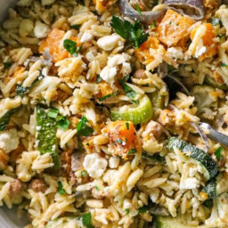 Roasted Vegetable Orzo Pasta Salad with Creamy Garlic Dressing