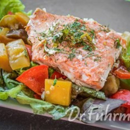 Roasted Vegetable Salad topped with Salmon