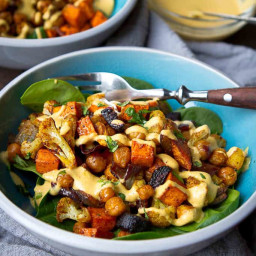 Roasted Vegetables & Chickpea Bowl with Hummus Dressing