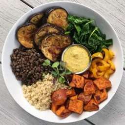 Roasted Veggie Lentil Bowl with Cashew Cream Curry Sauce