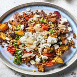 Roasted Veggie & Lentil Jumble with Feta, Toasted Almonds and Herby Drizzle
