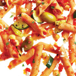 Roasted Zucchini and Chickpea Penne with Red Bell  Pepper Sauce