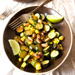 Roasted zucchini, corn and almonds with smashed avocado