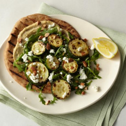 Roasted Zucchini Flatbread with Hummus, Arugula, Goat Cheese, and Almonds