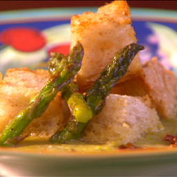 Roasted Asparagus Soup with Sun-dried Tomatoes and Parmesan Croutons