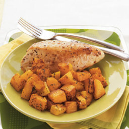 Roasted Chicken Breasts and Butternut Squash with Herbed Wine Sauce