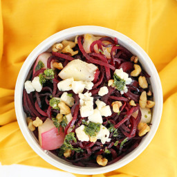Roasted Peaches & Beet Noodles with Gorgonzola, Walnuts and Honey-Mint Whit