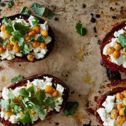 Roasted Sweet Potato with Chickpeas, Goat Cheese, and Coriander