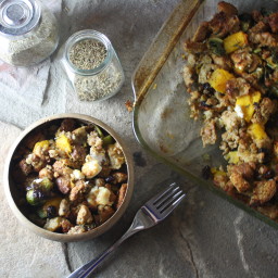 Roasted Winter Vegetable Stuffing with Turkey Sausage and Goat Cheese