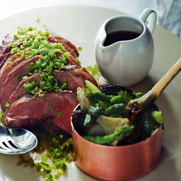 Rolled lamb leg with parsley pangrattato and spring vegetables