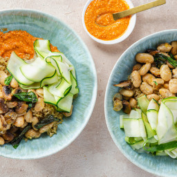 Romesco Grain Bowls with Pan-Roasted Mushrooms & Butter Beans