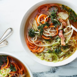 Root Vegetable Zoodle Soup With Bacon and Basil Oil