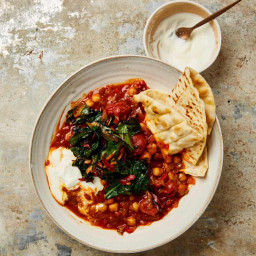 Rose harissa chickpea stew with burnt chard