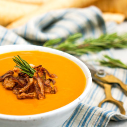 Rosemary-Infused Roasted Winter Vegetable Soup with Crispy Shallot Topping 