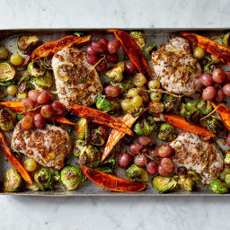Rosemary Pork with Brussels Sprouts, Sweet Potatoes and Grapes