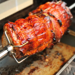 Rotisserie Stuffed Bacon Wrapped Pork Loin with English Chutney