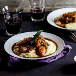 Sage-roasted pork sausages on mash with the ultimate onion gravy