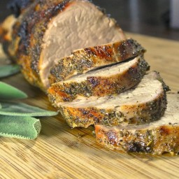 Sage rubbed pork tenderloin with maple glazed sweet potatoes