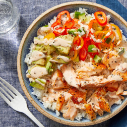 Salmon & Avocado Rice Bowls with Marinated Vegetables & Spicy Mayo