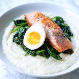 Salmon and Grits with Garlicky Greens & Boiled Eggs