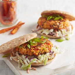 Salmon Burgers with Coleslaw and Roasted Carrots