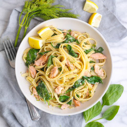 Salmon Fettuccine Alfredo with Spinach, Lemon and Dill