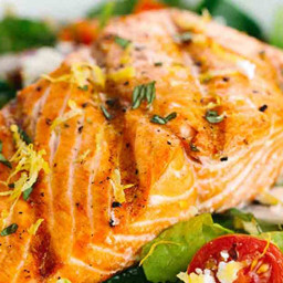 Salmon Greek Salad with Lemon Basil Dressing