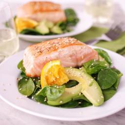 Salmon, Spinach, and Avocado Salad with Orange Vinaigrette 
