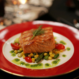Salmon With Bacon and Oyster Succotash