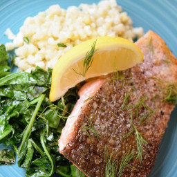 Salmon with Dill, Sauteed Baby Kale and Cauliflower Rice
