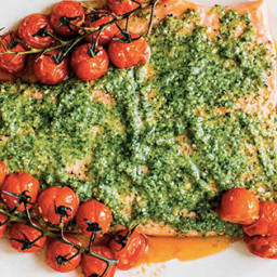 Salmon with Pesto and Blistered Tomatoes
