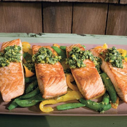 Salmon with Snap Peas, Yellow Peppers, and Dill-Pistachio Pistou 
