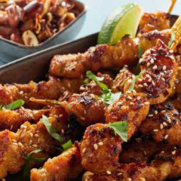 Satay Chicken Skewers with Warm Asian Slaw and Rice