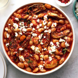 Saucy Beans and Artichoke Hearts with Feta