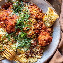 Saucy Braised Garlic Butter Meatballs with Orzo.