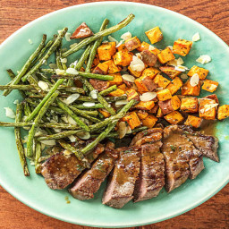 Saucy Thyme Steak with Sweet Potatoes and Green Beans Amandine