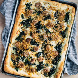 Sausage and Greens Grandma-Style Pizza with Toasted Breadcrumbs