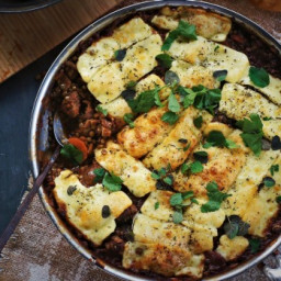 Sausage and lentil stew with grilled haloumi