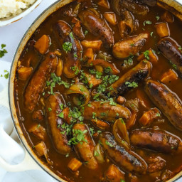 Sausage Casserole with Cider Gravy and Crispy Bacon