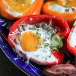 Sausage, Cheddar, and Sunny Side Up Egg Stuffed Bell Peppers