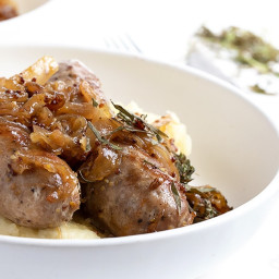 Sausage with Mustard Onions and Potato Pear Mash
